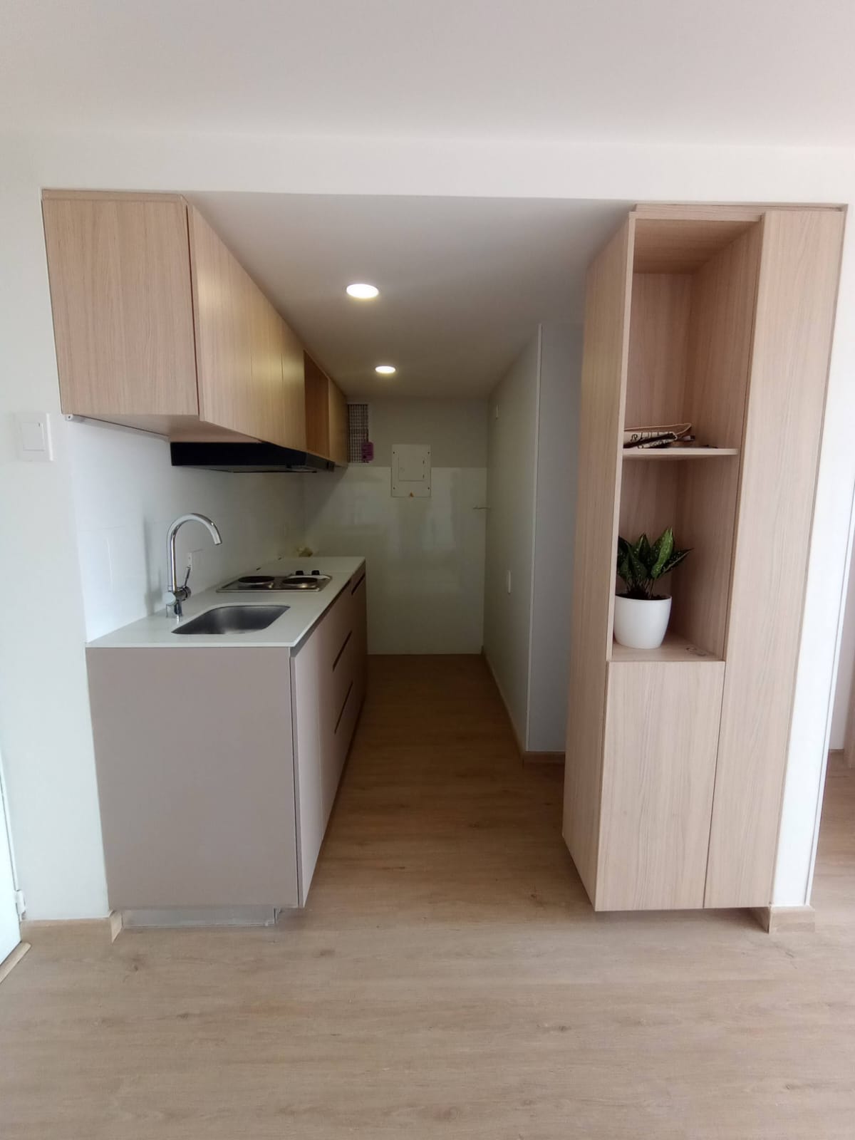 Cocina integral con torre despensa en madera clara y repisas decorativas
